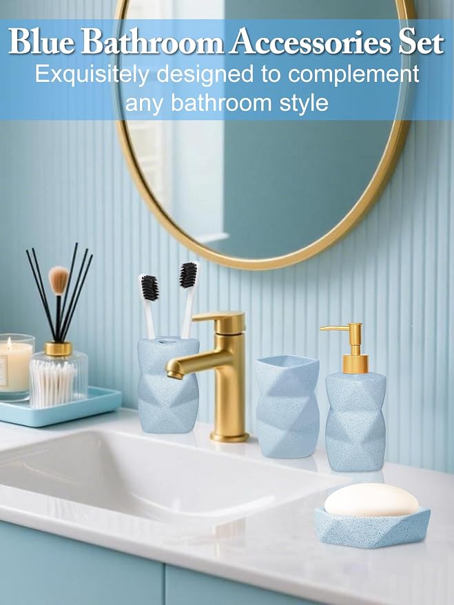 Bathroom Accessories Set - 4-Piece Ceramic Bathroom Set | Soap Dispenser, Toothbrush Holder, Tumbler, Soap Dish, Modern Blue Home Decor, Gift Idea for Housewarming