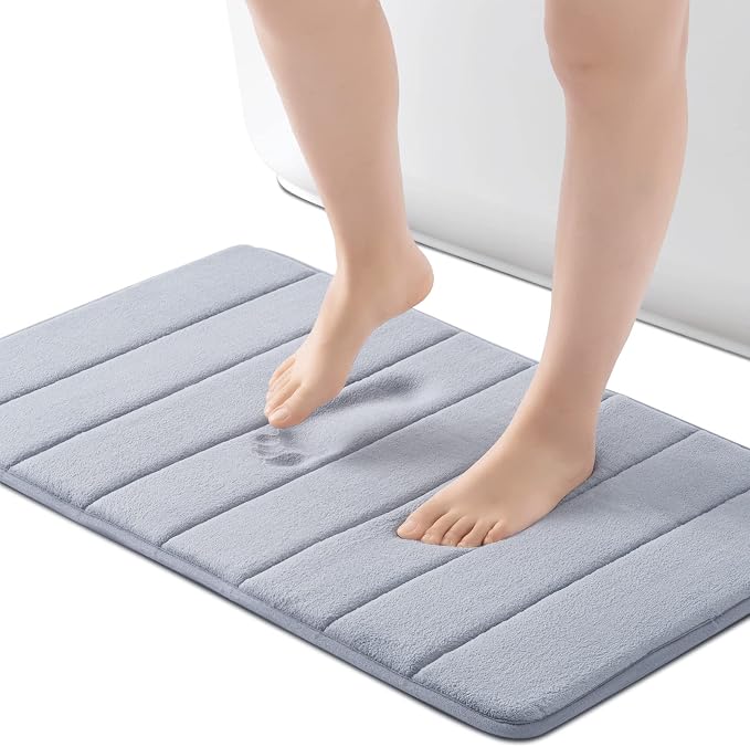 ROSMARUS Memory Foam Bath Mat, 20''x32'', Grey | Water Absorbent, Ultra Soft, Non Slip, Thick Foam, Bathroom Rugs for Floor & Tub, Machine Washable Care