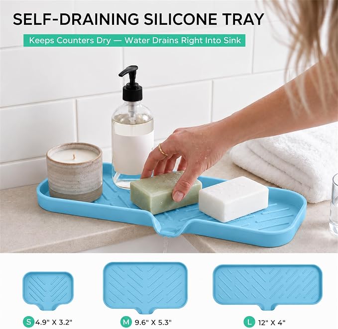 MicoYang Silicone Soap Dish with Drain Spout — Self-Draining Double Sink Organizer Tray for Kitchen & Bath, Dispensers, Sponges & Soap Holder, Non-Slip & Dishwasher Safe, Light Blue (Large, 12"×4")