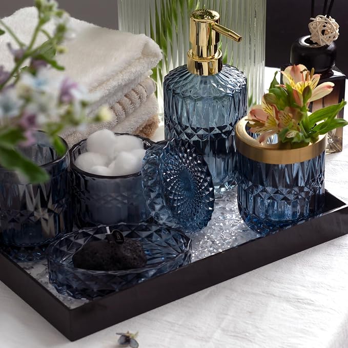 EMPO 6PCS Bathroom Clear Glass Accessories Set (Lotion Soap Dispenser, Soap Dish, Toothbrush Holder, Tumbler, Cotton Swab Jar), Contemporary Modern Decor Crystal Vintage Gift (6pcs Blue)