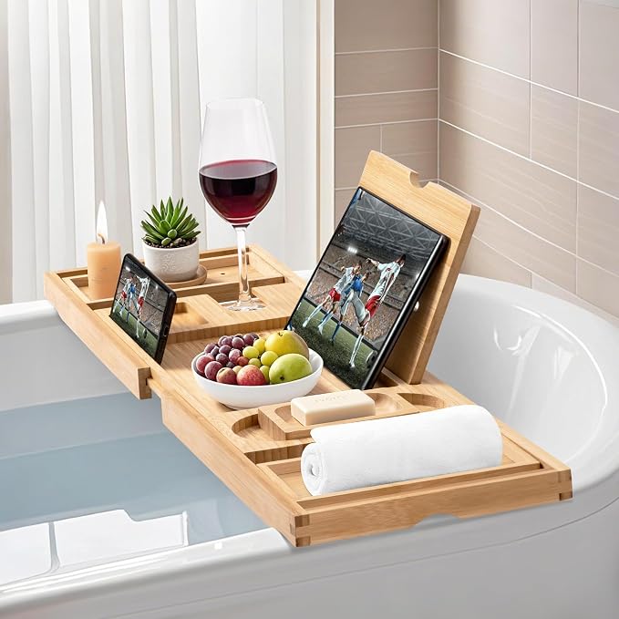 Bathtub Tray, Bamboo Bath Tray for Tub, Expandable Bath Tray with Bamboo Book Stand, Soap Tray, Bathtub & Bathroom Accessories Perfect for Home Spa, Natural Colour