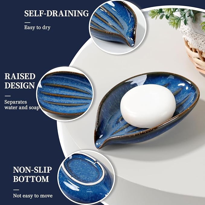 Soap Dish, Self-Draining Soap Holder, Leaf Shape Ceramic Bar Soap Holder Drain Soap Dishes for Bathroom Sink Kitchen, Easy to Clean Keeps Soap Dry, Blue, ANTIS'S HOME