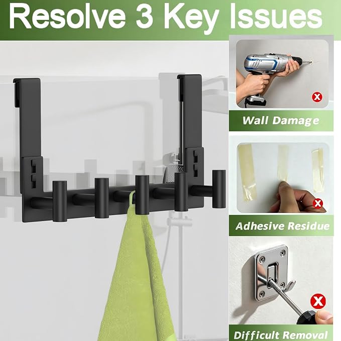 Extended Robe Door Hooks, Heavy Duty Stainless Steel Towel Hooks for Frameless Glass Shower Doors, Towel Hanger Rack, Shower Hooks for Bathroom (Black, 1 Pack)