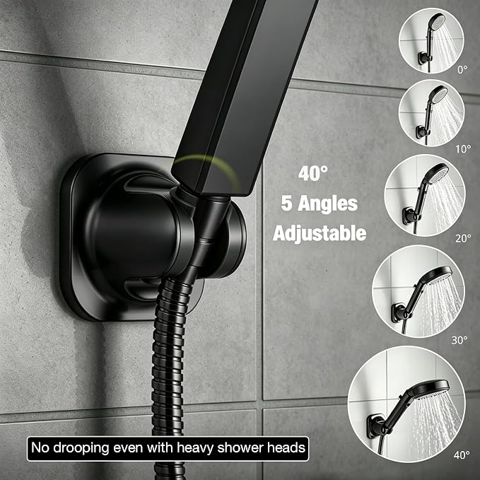 Handheld Shower Head Holder - 5 Positions Adjustable - Concealed Adhesive Mount with Screw Option- Bathroom Wall Mount Shower Hose Holder (Matte Black)