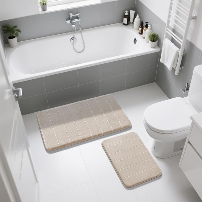 Yimobra Memory Foam Bathroom Rugs Sets 2 Piece - Super Soft Absorbent Quick Dry Bath Mat Set, Machine Washable Non Slip Floor Carpet for Tub Shower & Single Sink (17x24 & 31.5x20 Inch, Beige)