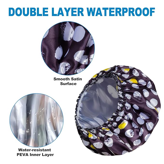 Shower Cap for Women Set of 4, Reusable Bath Caps + 2 Satin Hair Scrunchies | Double Layers, Waterproof Hair Caps, for Bath Accessories, Spa, Travel Home - Pattern A