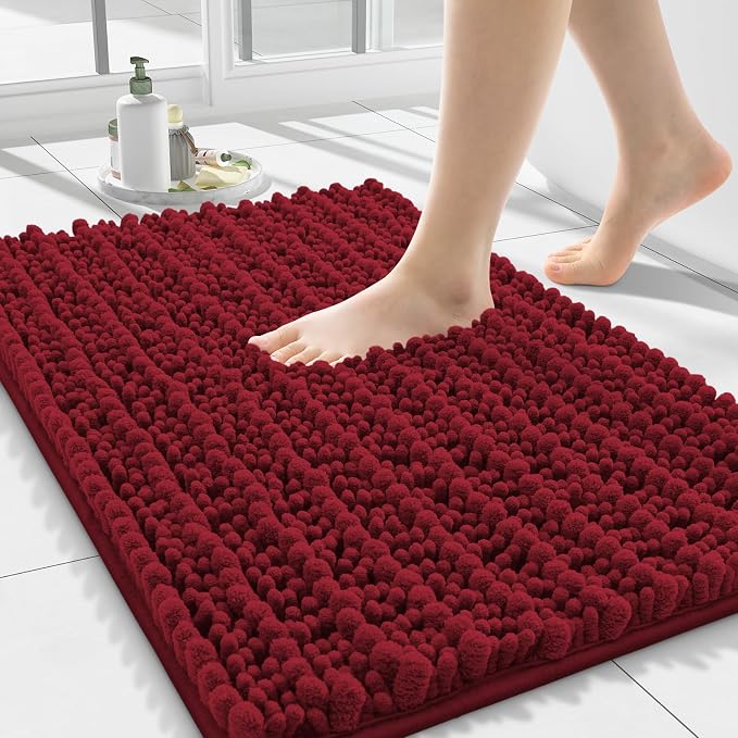 Smiry Bathroom Rugs 24X16, Extra Soft Rubber Backing Chenille Bath Mats | Red Machine Washable Non Slip Quick Dry Bath Mats for Bathroom Floor, Tub, Shower, Home Decor Accessories