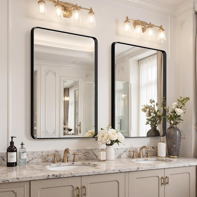 32"x24" Bathroom Vanity Mirror for Wall Aluminum Framed Farmhouse Rectangle | Anti-Rust, HD Reflection Anti-Desilvering, Distortion Free, Tempered and Shatter-Proof Wall Mounted Mirror, Black