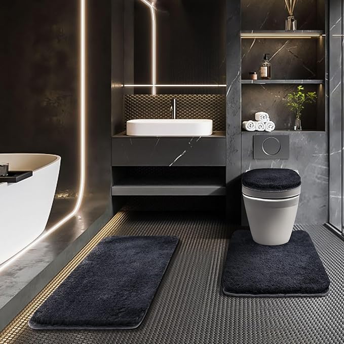 Bathroom Rugs Sets 3 Piece with Toilet Seat Cover 17.5"x 15" | Machine Washable Bath Rug Set with Tpr Non Slip Rubber Backing Solid Bath Mat Set for Luxury Bathroom Decoration
