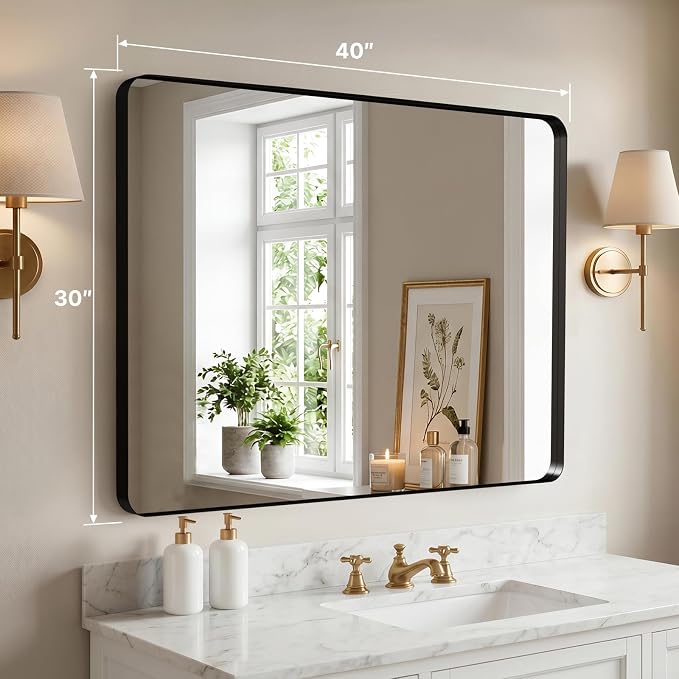 40"x30" Bathroom Vanity Mirror for Wall Aluminum Framed Farmhouse Rectangle | Anti-Rust, HD Reflection Anti-Desilvering, Distortion Free, Tempered and Shatter-Proof Wall Mounted Mirror, Black