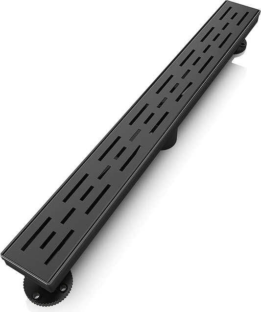 WEBANG 32 Inch Linear Shower Drain Rectangular Floor Drain with Accessories Rainline Pattern Cover Grate Removable SUS304 Stainless Steel CUPC Certified Matte Black