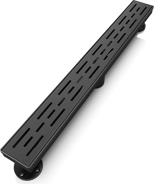 WEBANG 24 Inch Linear Shower Drain Rectangular Floor Drain with Accessories Rainline Pattern Cover Grate Removable SUS304 Stainless Steel CUPC Certified Matte Black