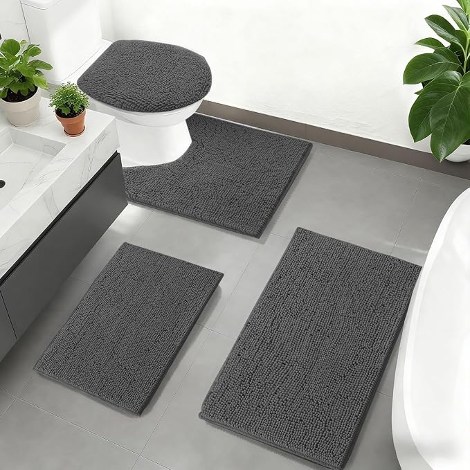 RUN HELIX Toilet Rugs U-Shaped 20x20 Extra Soft Chenille Bath Rugs, PVC Backing Quick Dry, Machine Washable Contour Bathroom Rugs for Toilet Contoured Bath Mats Home Decor Accessories Dark Grey