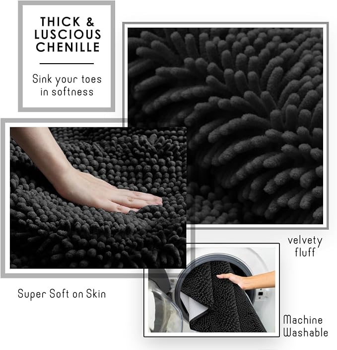 Hearth & Harbor Bathroom Rugs, Chenille Bath Mat - Machine Washable Bath Mats for Bathroom Non-Slip Backing Rubber, Quick Dry Bathroom Mat - Black 24x36