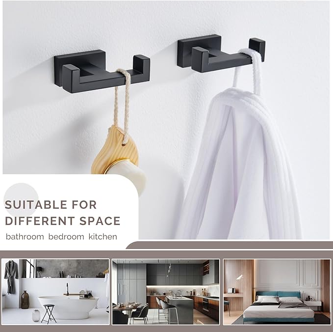 Angle Simple Bathroom Towel Hooks, SUS304 Stainless Steel Shower Double Robe Coat Hooks for Wall, Matte Black, 2 Pack