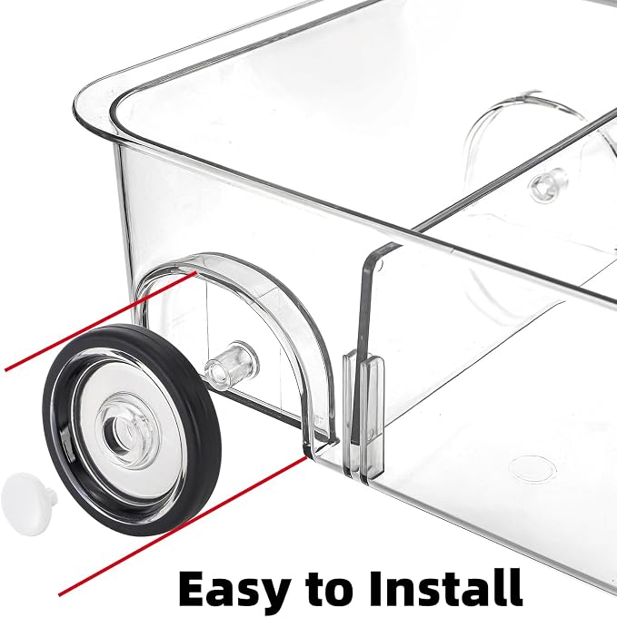 2 Pack Refrigerator Organizer Bin with Wheels, Roll Out Pantry Storage with Dividers, Clear Plastic Refrigerator Drawer, Upgrade Thick Fridge Caddy for Under Sink, Kitchen Organization