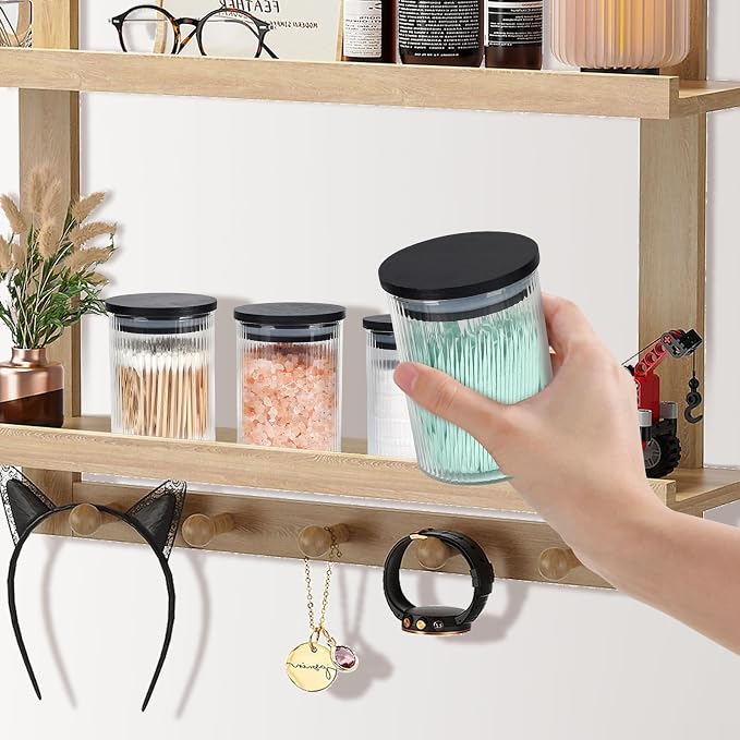 BKYFPQ 2 Pack Glass Qtip Holder Dispenser for Cotton Ball,Swab,Pads,Floss | Apothecary Jars with Lids,Vanity Makeup Organizer and Bathroom Canister Storage Organizer
