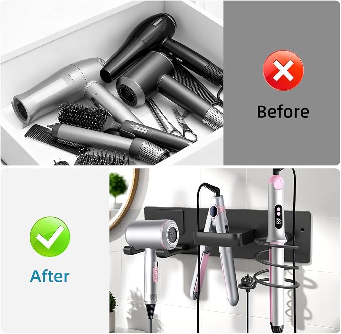 Hair Dryer Holder Hair Tool Organizer Metal Wall Mount(Matte Black) | Heat Resistant Hair Tool Organizer, Metal Wall Mount Storage, Bathroom Counter Space Saver, Blow Dryer Holder