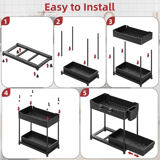 Sevenblue 4 Pack Under Sink Organizer, Bathroom Organizers and Storage, 2 Tier Multi-Use Pull Out Cabinet Organizer with Hang Hooks and Cups (Black, 4 Pack) | Multi-use kitchen & bathroom storage. Includes hanging hooks and cups. Black, space-saving ca...