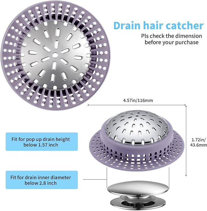 Aluvor Bathtub Drain Hair Catcher Shower Drain Cover Sink Drain Protector | Bathroom Sink & Bathtub Drain Strainer for Pop-Up & Regular Drains, purple
