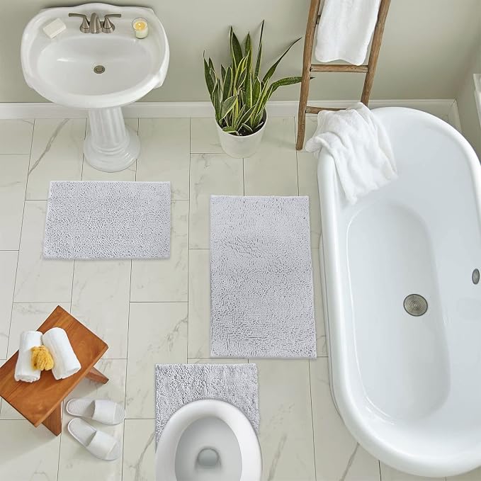 LuxUrux 3-Piece Bathroom Rug Set – Plush Chenille Bath Mats & U-Shaped Toilet Mat, Ultra-Soft, Absorbent & Non-Slip (20x20 U, 16x24 & 20x30 inches, White)