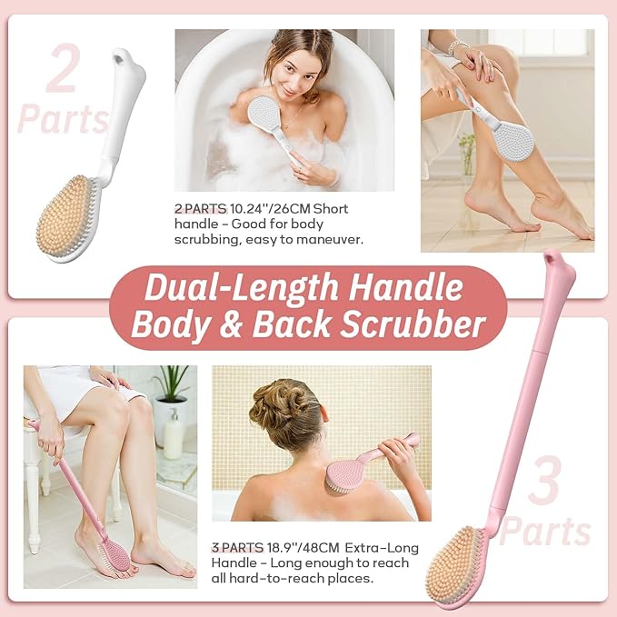 Back Scrubber for Shower & Silicone Bath Glove Set, 19’’ Detachable Long Handle Body Scrubber Wet or Dry Brush, Adjustable 2-in-1 Back & Body Brush with Soft Bristles for Deep Cleaning(White)