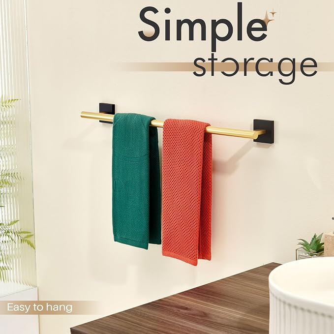 KOKOSIRI Bathroom Towel Bar Bath Towel Holders for Toilet Kitchen Cabinet Wall Mount 24 Inch Black with Gold Stainless Steel B4005GDK-L24