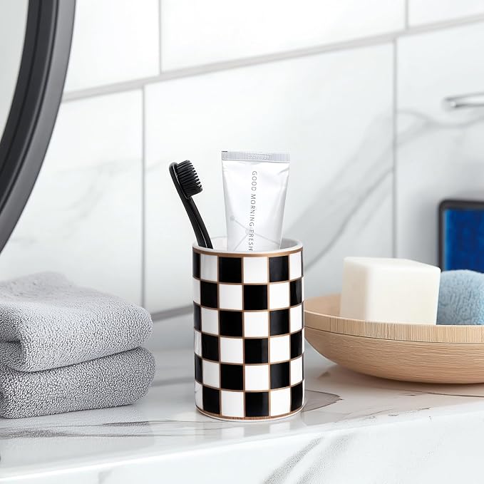 Checkered Bathroom Toothbrush Holder, Bathroom Black and White Ceramic Toothbrush Holder, Modern Toothbrush Box, Used for Bathroom countertop Storage Rack, Checkered Bathroom Decoration (Black)