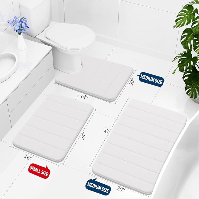Buganda Memory Foam Bath Mat 35 x 24, Ultra Soft Absorbent Bathroom Rugs | White, Machine Washable Quick Dry Bath Mats for Bathroom Floor, Shower and Tub, Home Decor Accessories
