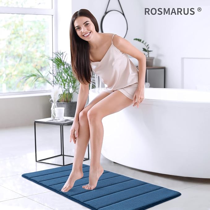 ROSMARUS Memory Foam Bath Mat, 20''x32'', Navy | Water Absorbent, Ultra Soft, Non Slip, Thick Foam, Bathroom Rugs for Floor & Tub, Machine Washable Care