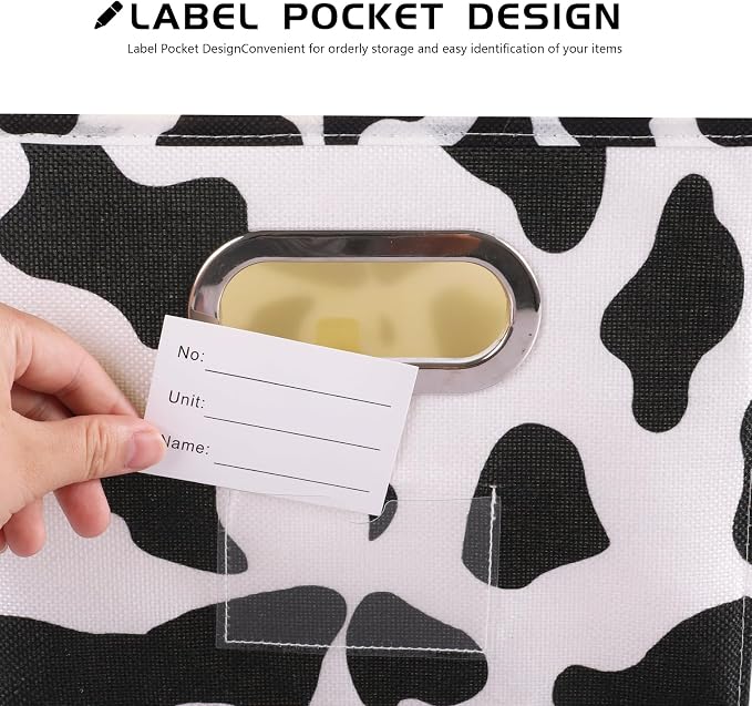 ANMINY 2PCS Fabric Storage Bin Cow Print Cotton Linen Foldable Open Storage Basket Box with Handles PP Plastic Board Label Window Pocket Decorative Washable Closet Shelf Organizer Container - Small
