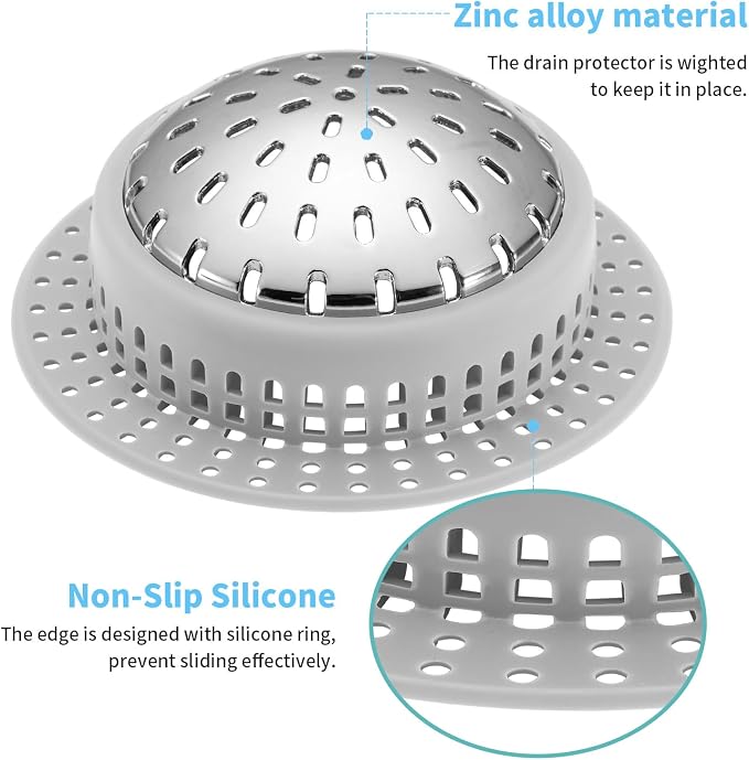 Aluvor Bathtub Drain Hair Catcher Shower Drain Cover Sink Drain Protector | Bathroom Sink & Bathtub Drain Strainer for Pop-Up & Regular Drains, Silver Grey