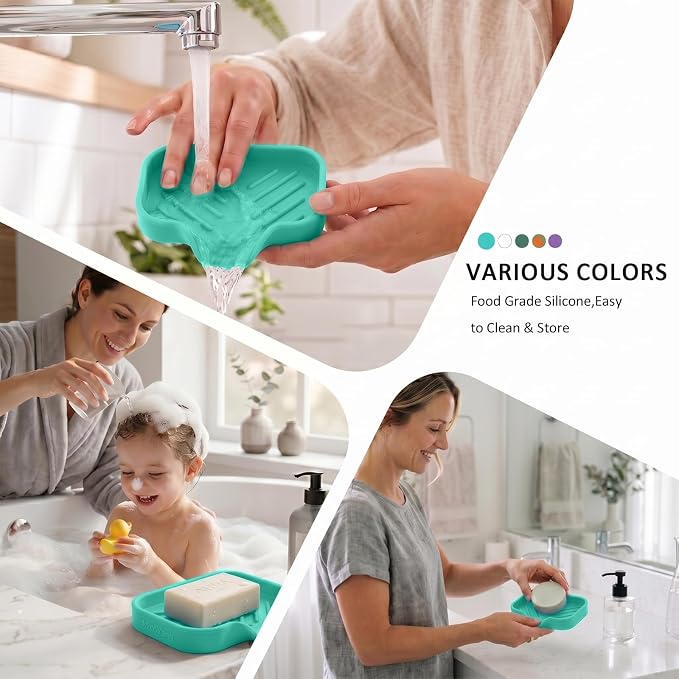 MicoYang Silicone Soap Dish with Drain Spout, Self-Draining Sink Organizer Tray for Bathroom and Kitchen, Sponges, Dispensers and Soap Holder, Non-Slip and Dishwasher Safe, Mint (Compact, 4.9"×3.2")