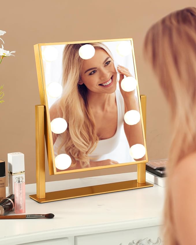 BWLLNI Lighted Makeup Mirror, Gold Vanity Mirror with Lights,9 LED Bulbs | Hollywood Mirror Touch Control Design 3 Colors Dimmable Bulbs Detachable 10X Magnification 360°Rotation