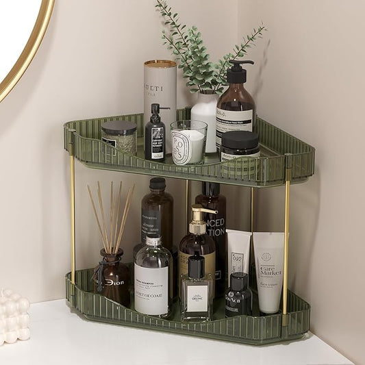 Lifewit 2-Tier Corner Bathroom Counter Organizer, Plastic Makeup Skincare Organizers Storage Countertop, Large Sink Cosmetic Perfume Shelf for Bedroom, Dresser, Kitchen, Vanity, Green, 25 cm/10inch(H)