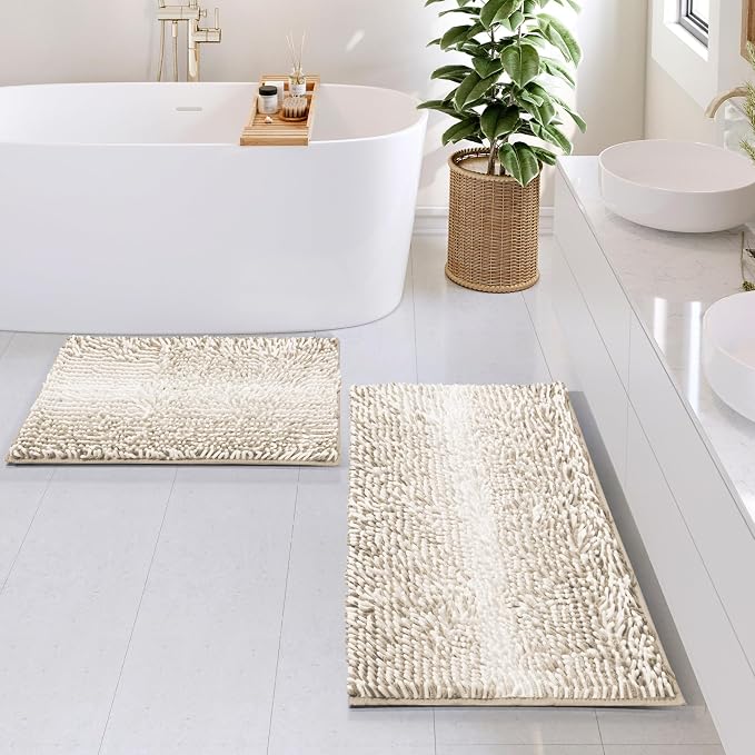 Hearth & Harbor Bathroom Rugs, Chenille Bath Mat - Machine Washable Bath Mats for Bathroom Non-Slip Backing Rubber, Quick Dry Bathroom Mat, 17 x 24 + 20 x 32 - Ombre Beige