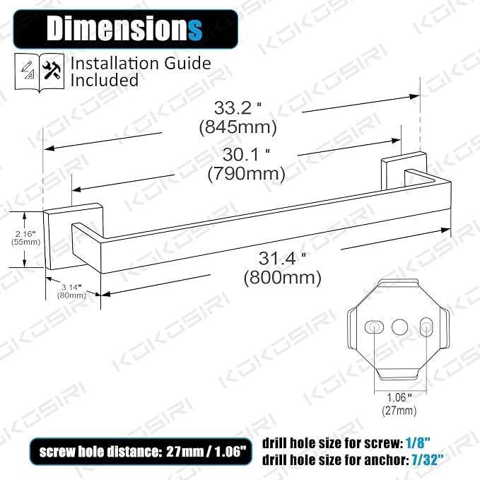KOKOSIRI 32-Inch Single Towel Bar, Bathroom Kitchen Towel Holder, Wall Mounted SUS304 Stainless Steel Towel Rack, Matte Black, B4003BK-L32