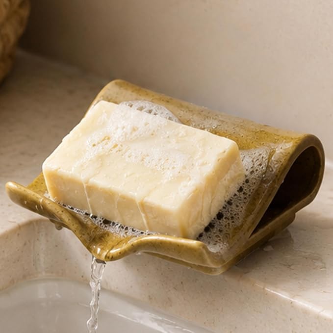 Zoeeker Ceramic Soap Dish for Shower, Bar Soap Holder with Drain Spout | Self Draining Soap Saver for Bathroom Kitchen Sink Bathtub, Sponge Holder, Waterfall Drying Tray Extends Soap Life, Yellow