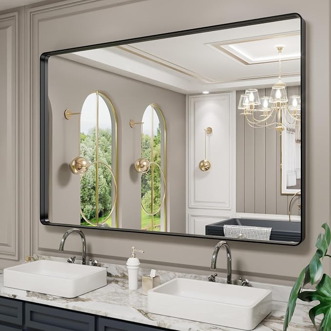 LOAAO 60X40 Inch Black Metal Framed Bathroom Mirror | Matte Black Bathroom Vanity Mirror, Rounded Rectangle, Anti-Rust, Tempered Glass, Hangs Horizontally or Vertically