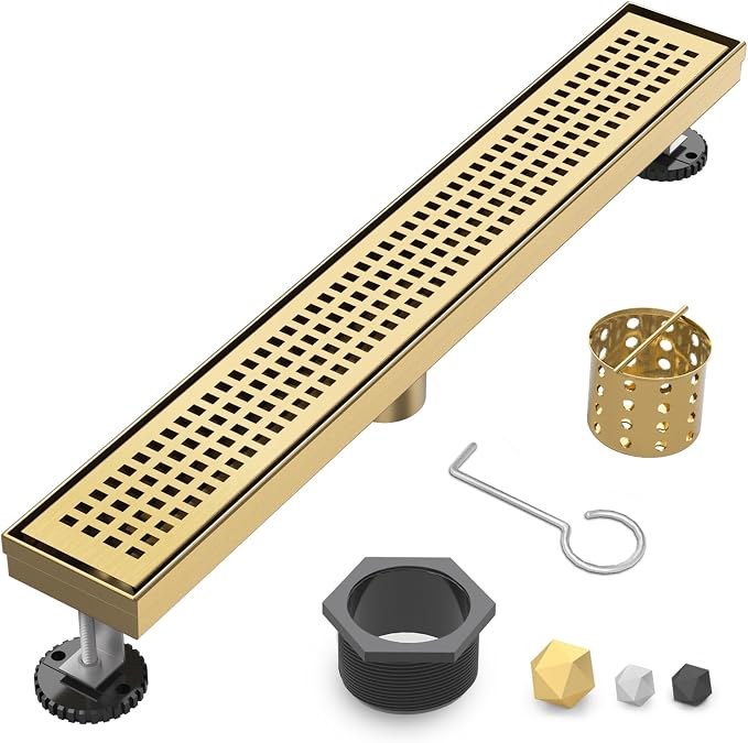 Linear Shower Drain | 32 Inch AISI 304 Stainless Steel Shower Drain, Brushed Gold Linear Drain with Removable Quadrato Grate Cover & Adjustable Feet, Rectangle Floor Drain, in Bathroom Balcony etc