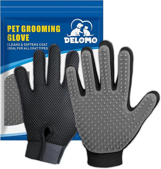 Pet Hair Removal Glove with 255 Silicone Tips for Dogs & Cats, 1 Pair Gray | 2-in-1 Deshedding & Massage Mitt, 5-Finger Flexible Design, for Bathing & Grooming, Safe for Long/Short/Curly Hair Pets