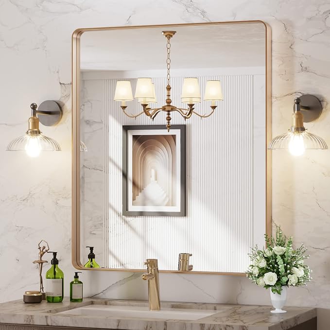 LOAAO 30"X36" Gold Bathroom Mirror | Rounded Rectangle, Brushed Gold Frame, Wall-Mounted, Anti-Rust, Tempered Glass, Hangs Horizontally or Vertically
