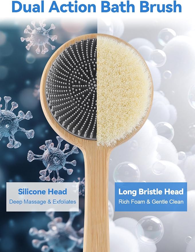 Kalolary Silicone Double-Sided Body Brush with Long Handle, Back Scrubber for Shower Super-Dense Bristles for Deep Cleaning and Massage, Wider Anti-Slip Grip Exfoliator for Wet or Dry Use