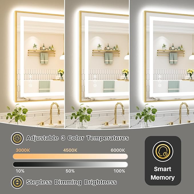 40x32 Inch LED Bathroom Mirror with Gold Frame, Backlit & Front Lit | Anti-fog, 3 Color Dimmable, Memory Function, HD Reflection Tempered Glass, ETL Listed, IP54 Waterproof