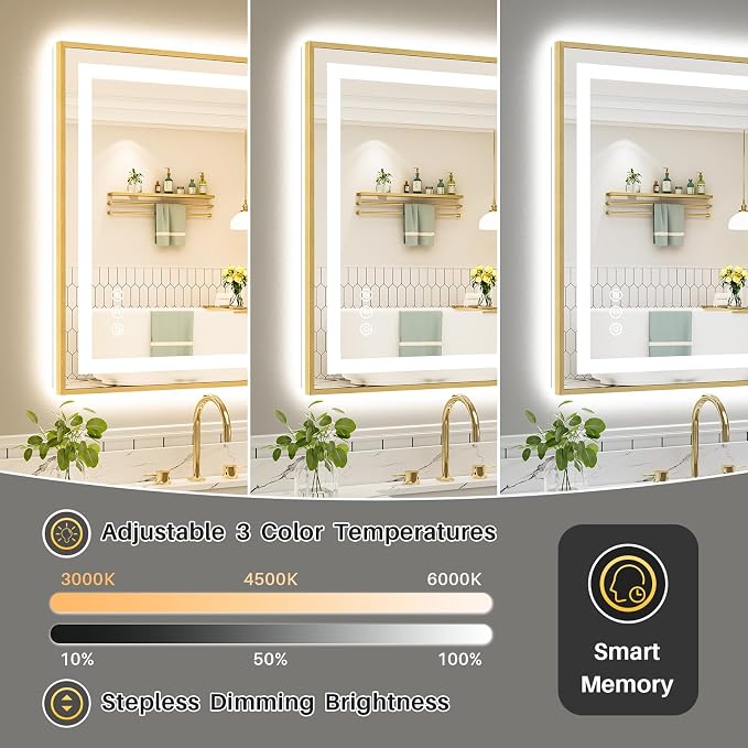 36x30 Inch LED Bathroom Mirror with Gold Frame, Backlit & Front Lit | Anti-fog, 3 Color Dimmable, Memory Function, HD Reflection Tempered Glass, ETL Listed, IP54 Waterproof