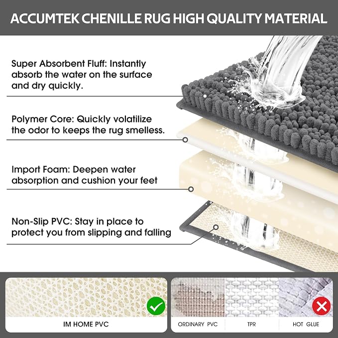 ACCUMTEK Upgrade Extra Large Grey Bathroom Rug Set 3 Pieces Gray Ultra Soft, Thick Absorbent Bath Mats, Non Slip Chenille Toilet Mat for Bathroom, Bedroom, Kitchen, Charcoal