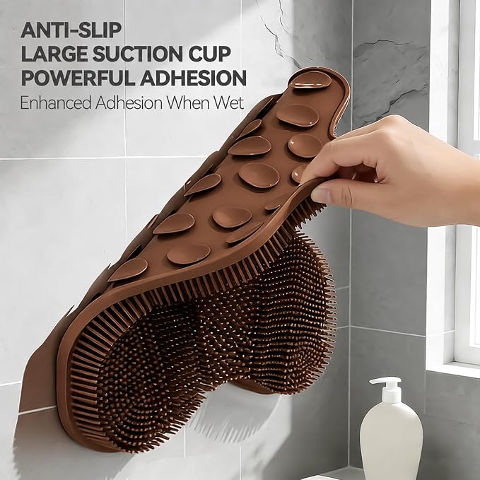 OZNER Silicone Shower Foot Scrubber Mat,Back Washer Bath Wash Pad Exfoliating & Massage, Wall Mounted Slip Strong Suction Cups for Use in Cleaner Men and Women (Brown)