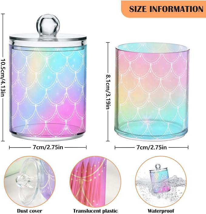 2 Pack Qtip Holder Dispenser for Cotton Ball Rainbow Scales Mermaid Cotton Swab Cotton Round Pads Clear Plastic Acrylic Jar Set Bathroom Canister