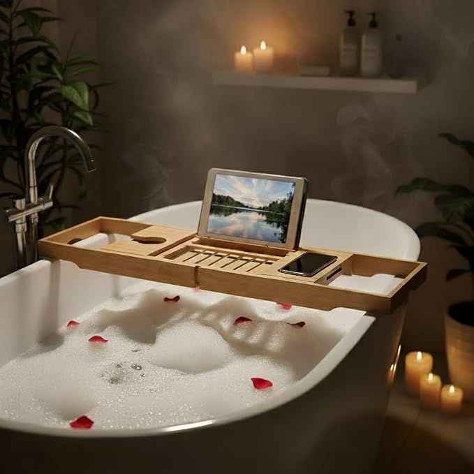 Bamboo Bathtub Caddy Tray with Extending Wood Sides -Fits Any Bath, Hot Tub and Jacuzzi