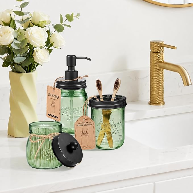 SheeChung 3 Pack Green Glass Mason Jar Qtip Holder Dispenser, Black Lids | Apothecary Jar Canisters Set,Stainless Steel Lids,Small Bathroom Jars,Vanity Storage Organizer for Cotton Swab,Ball,Pad,Floss